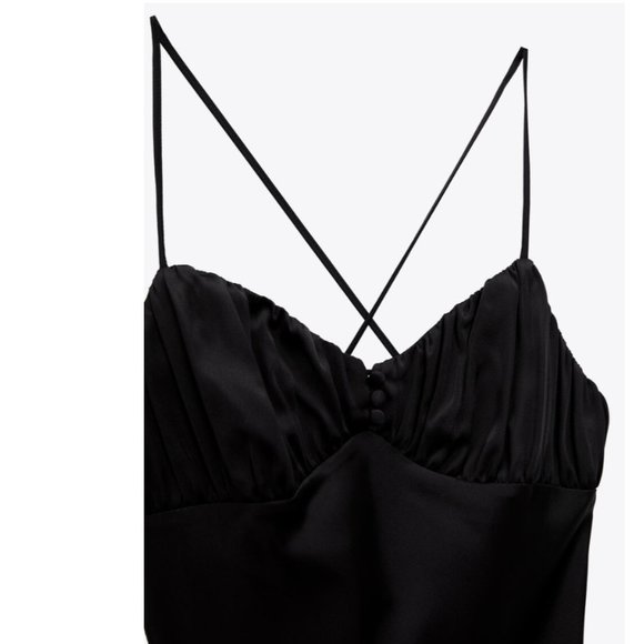 ZARA BLACK SATIN LACE V NECK CROSSED BACK MAXI DRESS - Picture 3 of 4